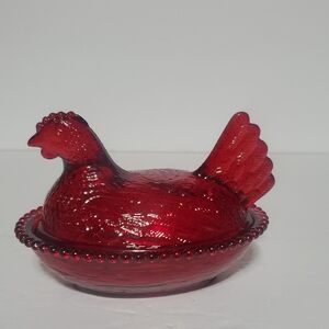 Ruby Red Glass Hen on Nest~Medium